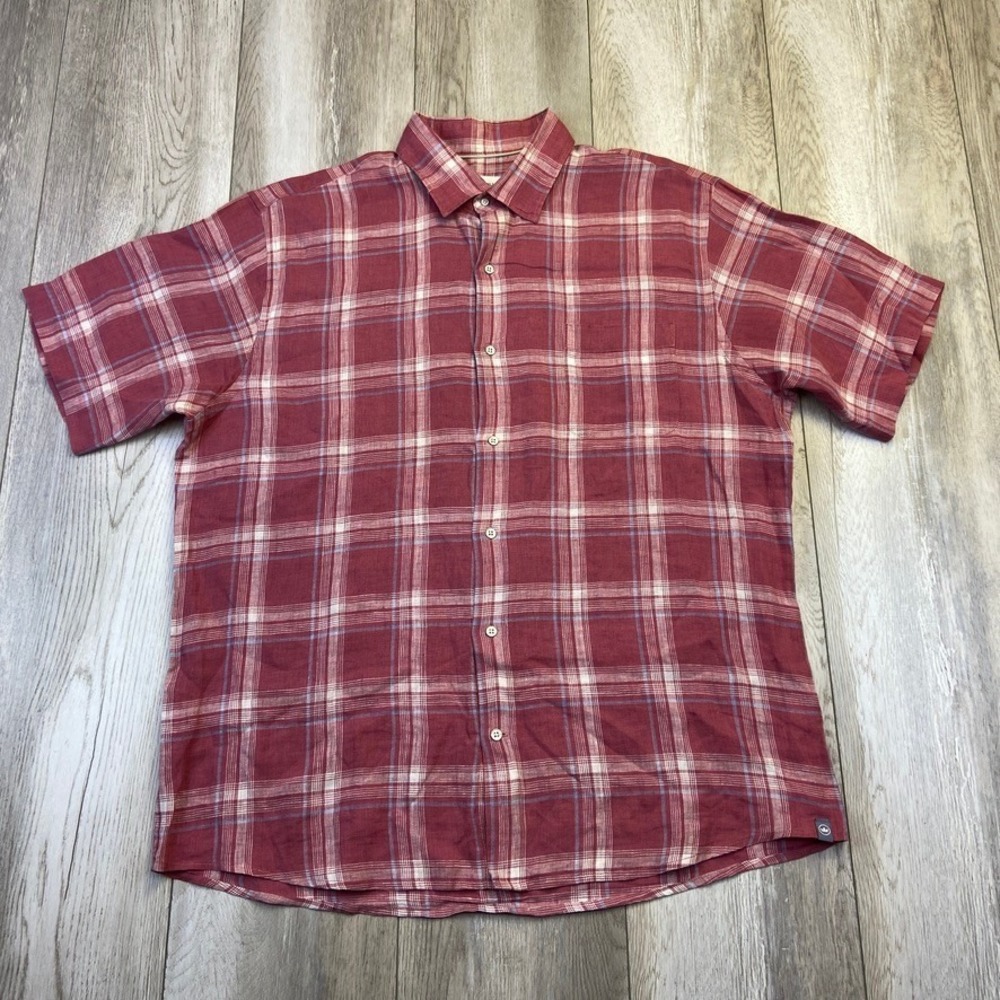 Peter Millar Linen Shirt Mens Large Red Pink Short Sleeve Button Down Casual Men